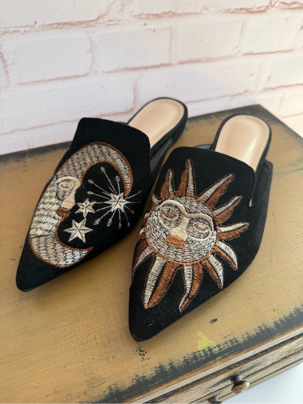Black Embroidered Sun & Moon Slip-On Mules